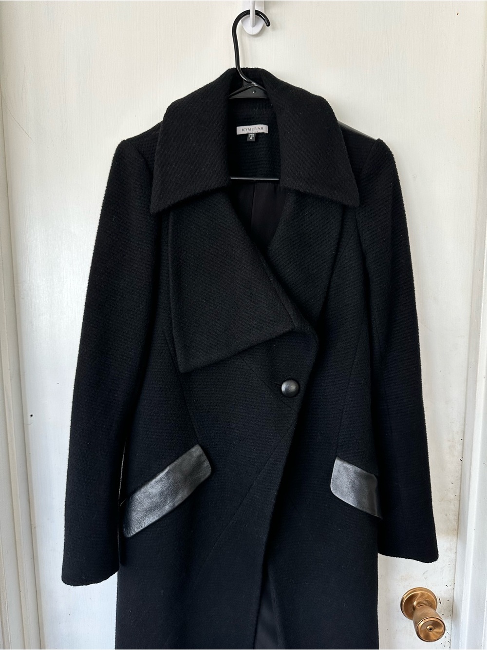 Kymerah Designer Angora Wool Blend Asymmetrical Coat with Leather Accents Size 4 - Picture 3 of 8
